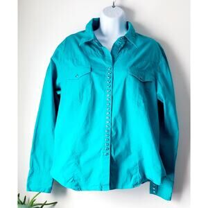 Roper Womens Turquoise Pearl Snap Button Cotton Shirt Size XL Equestrian Western